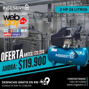 COMPRESOR PISTÓN 2HP, INCLUYE ESTANQUE 24 LTRS