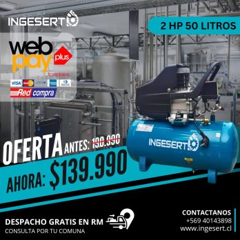 COMPRESOR PISTÓN 2HP, INCLUYE ESTANQUE 50 LTRS