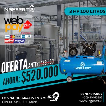 COMPRESOR PISTÓN 3 HP, INCLUYE ESTANQUE 100 LTRS