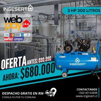 COMPRESOR PISTÓN 3 HP, INCLUYE ESTANQUE 300 LTRS