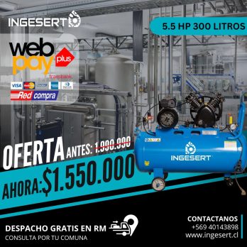 COMPRESOR PISTÓN 5,5 HP, INCLUYE ESTANQUE 300 LTRS