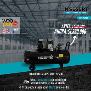 COMPRESOR PISTÓN 5,5 HP, INCLUYE ESTANQUE 300 LTRS