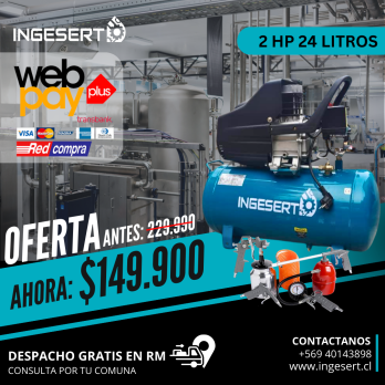 COMPRESOR PISTÓN 2HP CON ESTANQUE 24 LTRS + KIT 5 PIEZAS